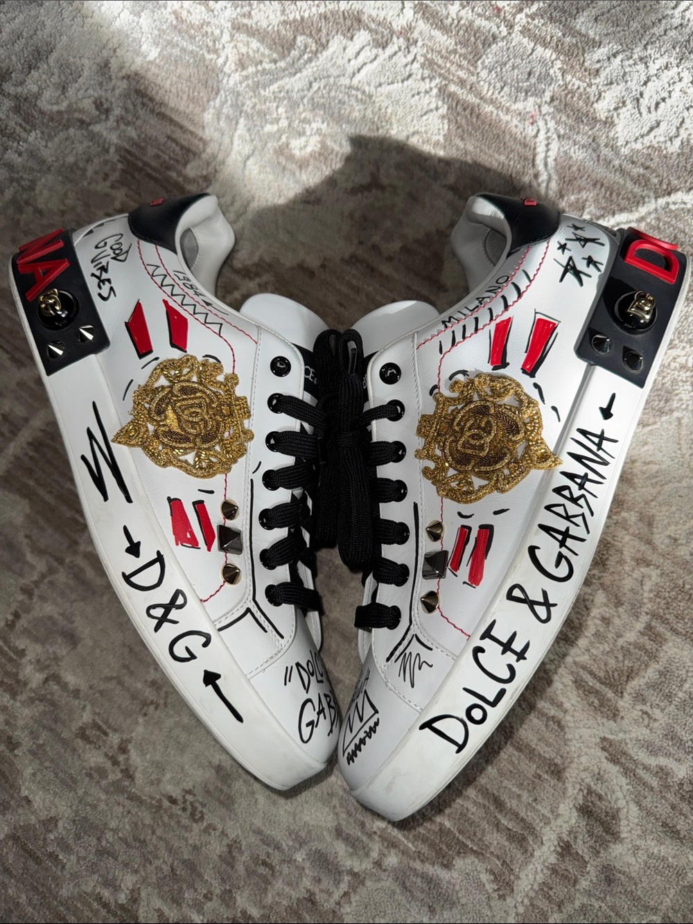 Dolce & Gabbana White Sneakers with Black Laces and Gold Glitter